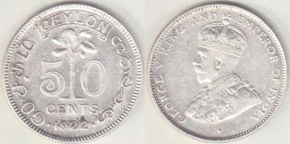 1922 Ceylon silver 50 Cents A002651